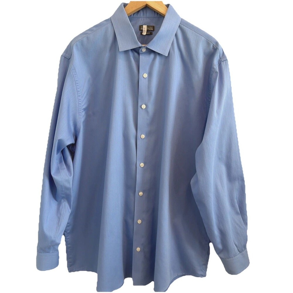 Kenneth Cole Reaction Textured Stripe Dress Shirt 18.5 34/35 Blue Wrinkle Free - Picture 3 of 15